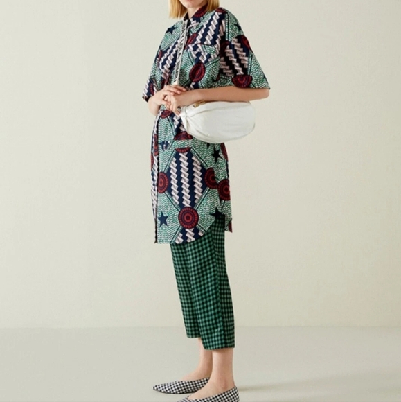 Bimba Y Lola Green Patterned Cotton Short Sleeve Button-Up Shirt Dress Artsy - Picture 4 of 12